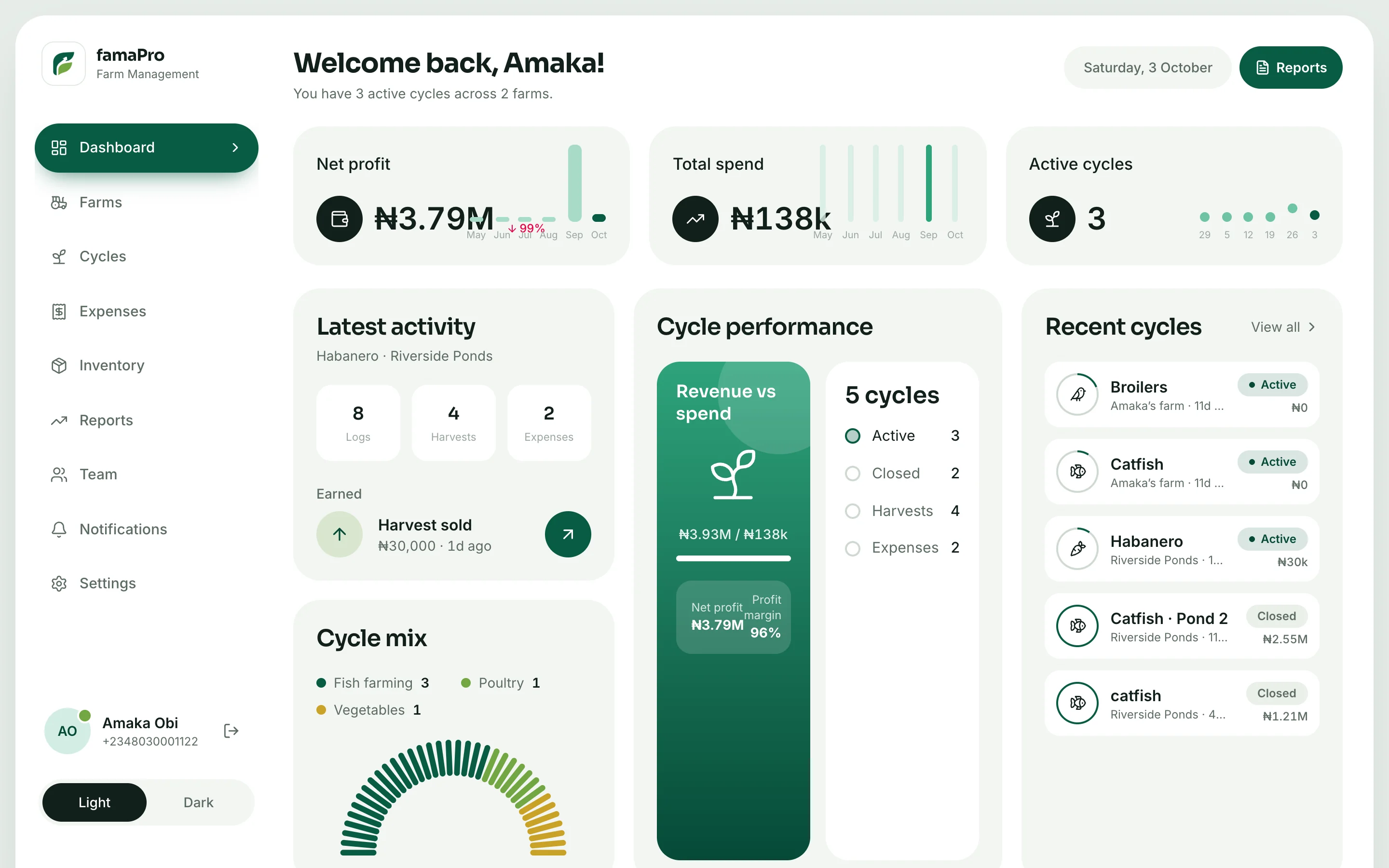 famaPro dashboard with net profit, spend, active cycles and cycle performance