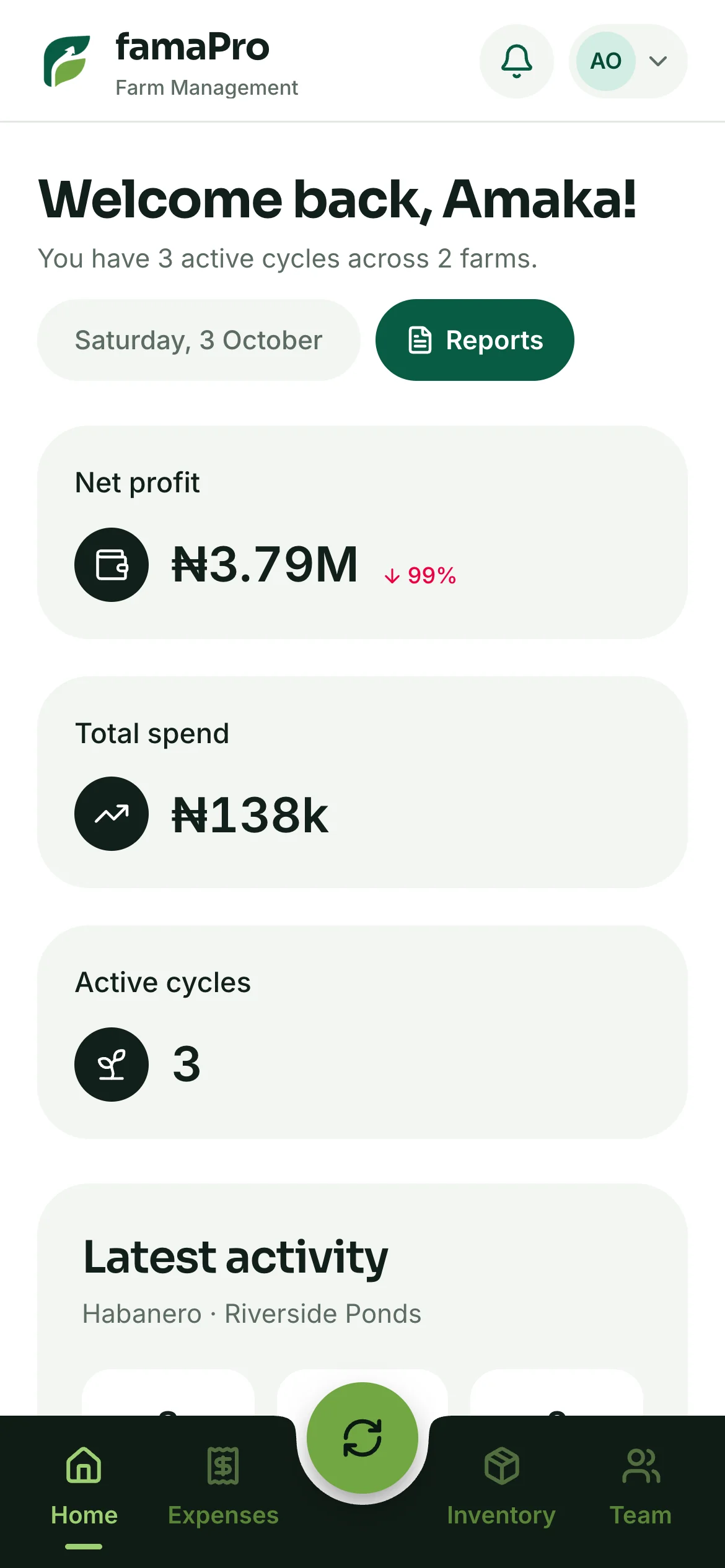 famaPro installed on a phone, showing net profit, spend and active cycles