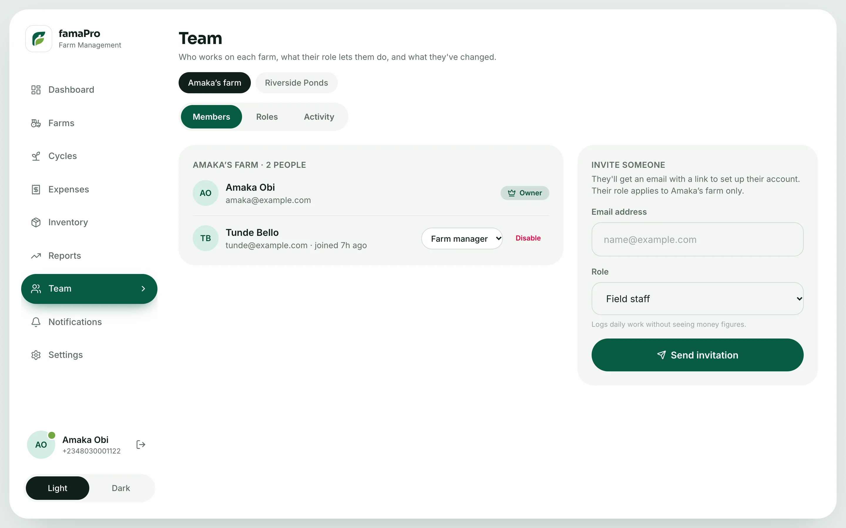 famaPro portal team page with members, roles and an invite form
